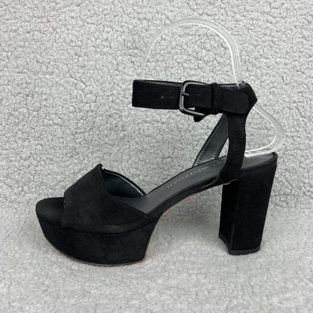 Stuart Weitzman Real Deal Sandal Heels Womens 5 Shoes Black Suede Platform Strap - Picture 2 of 12
